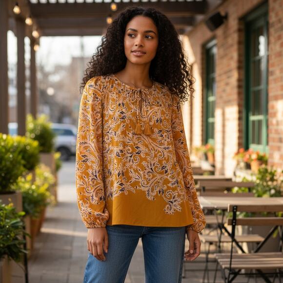 DR2 Mustard Paisley Blouse Womens Large Plisse Accordion Pleat Tassel Boho Top - Picture 11 of 11